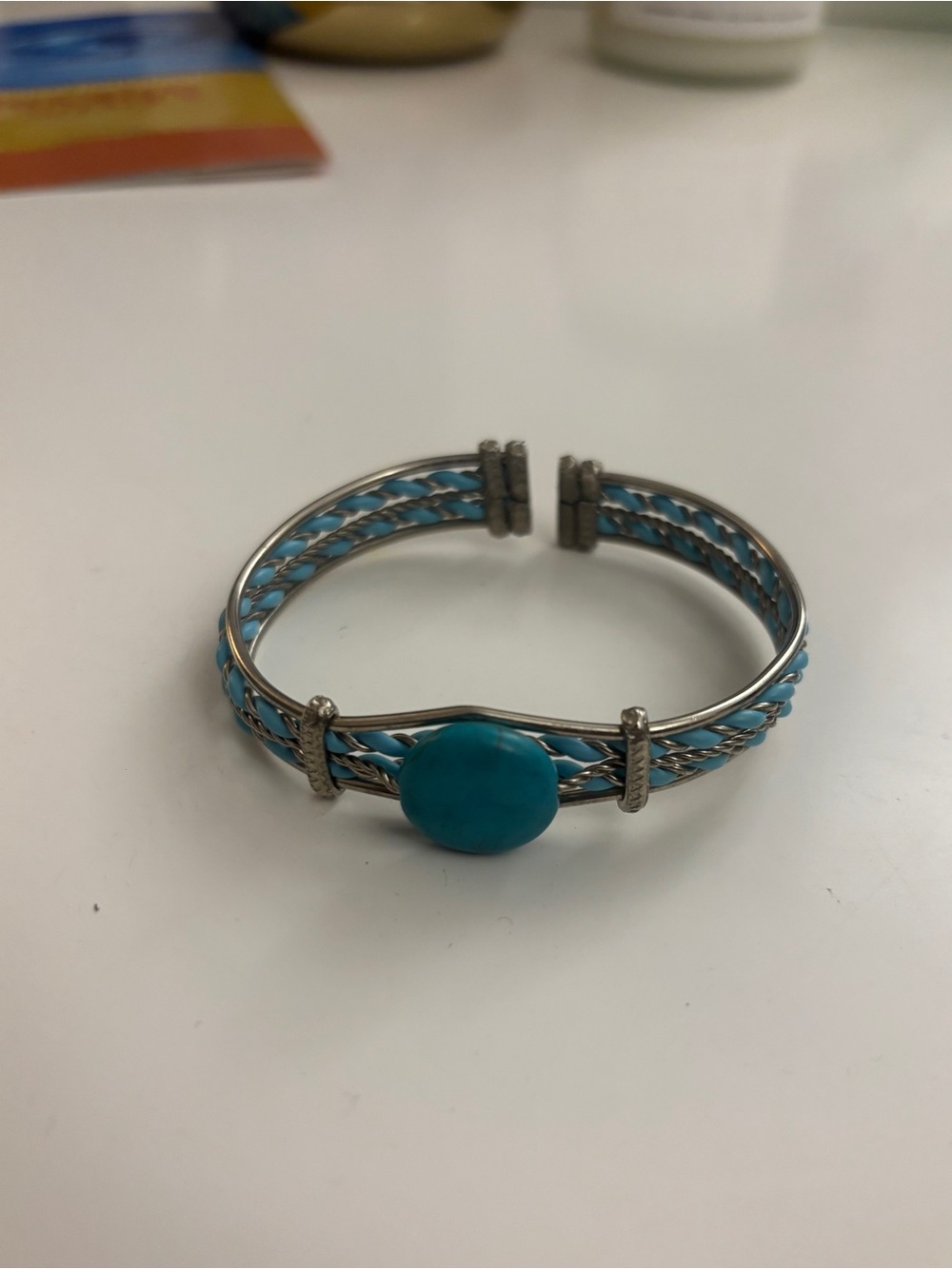 Turquoise Stone Silver-Tone Cuff Bracelet - Women Jewelry